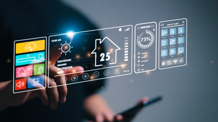 Futuristic virtual screen HUD above digital tablet computer. Assistant technology for smart devices. Smart home dashboard interface control connected devices and set up automation.  Smart home conceptの写真素材