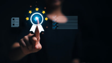 Business people show high quality assurance marks, good service, premium, five stars, premium service assurance, excellence service, high quality, business excellence. Quality Assurance Concept.の写真素材