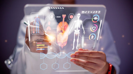 Medicine doctor touching electronic medical record on tablet. DNA. Digital healthcare and network connection on hologram modern virtual screen interface, medical technology and network concept.の写真素材