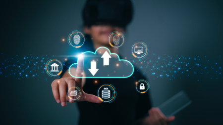 Hand touching infographic cloud computing and technology icons , cloud technology is centralise...