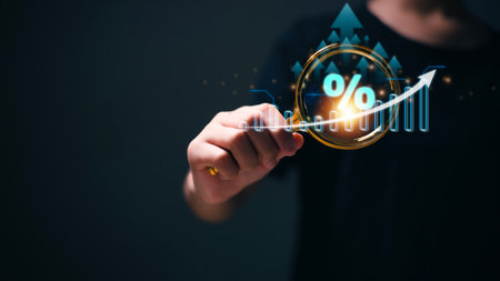 Women with percentage symbol and up arrow, Interest rates continue to increase, return on stocks and mutual funds, long term investment for retirement. Interest rate and dividend concept.の写真素材
