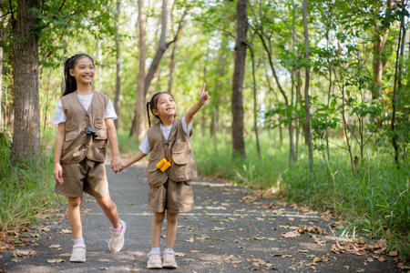 Asian little girls explore nature through magnifying glasses and binoculars in the park. Education, field trips, research, and discovery concepts.の写真素材