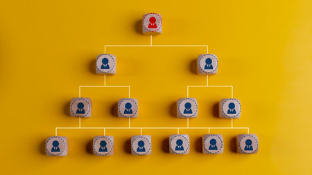 Human resources management and business concept. Company hierarchical organizational chart of wooden...