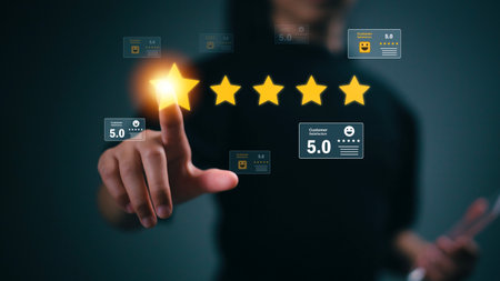 Customer review satisfaction feedback survey concept. User give rating to service excellent...