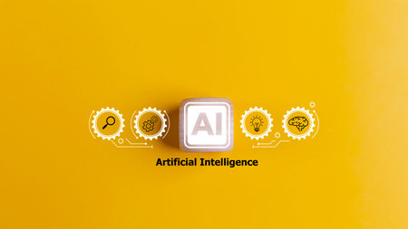 Artificial intelligence AI and machine learning on a yellow background. Technology concept.