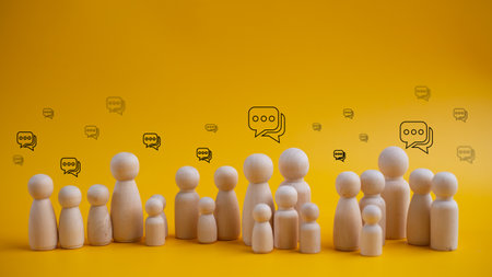 People figures and comment clouds above. process of discussion and comments, the search for fresh ideas. Best thought, good idea, positive feedback. Opinion of the public and surroundingの写真素材