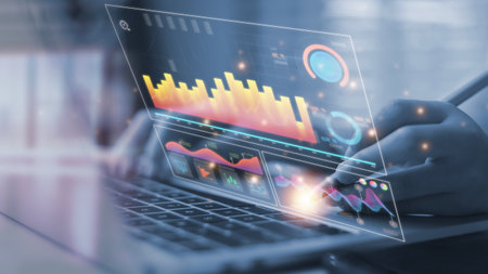 Algorithm. marketing and deep learning of artificial intelligence. A programmer using a laptop analyzes and develops various information on a futuristic virtual interface screen.の写真素材