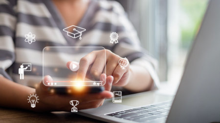 Internet education course degree, E-learning graduate certificate program concept. study knowledge to creative thinking ideas and problem-solving solutions.の写真素材