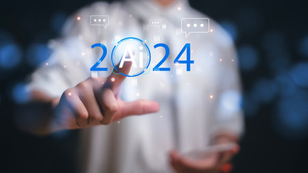 Businesswoman touching immersive 2024 AI artificial intelligence interface. Concept of machine learning and robot researchの写真素材
