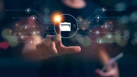 Document Management System, online documentation database and process automation to efficiently manage files, knowledge and documentation in enterprise with ERP. Corporate business technologyの写真素材