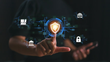 Encryption with a padlock icon on the virtual interface. In global network security technology, business people protect personal information. cybersecurity conceptの写真素材