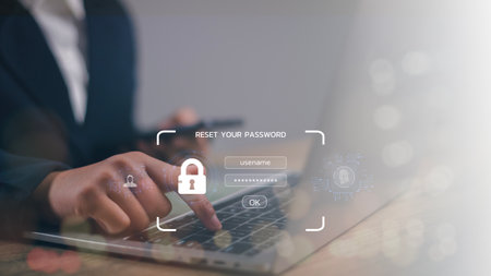 A lock icon, and security code show on the change password page while a business person using a...