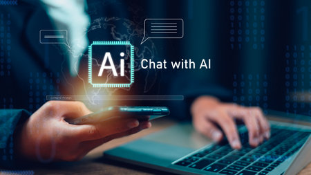 Man using hand AI, Artificial Intelligence to generate content. Text to image, smart AI, by entering command prompt for generates something, Futuristic technology Business transformation.の写真素材
