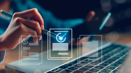 Businessmen use stylus pen checklists on e-documents. Document Management System (DMS). Digital online document database and paperless office. Folder process automation to efficiently manage fileの写真素材