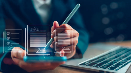 Online business contract Electronic signature, e-signing, digital document management, paperless...