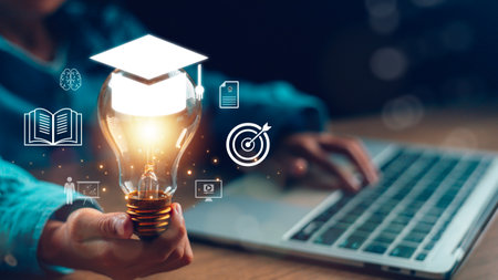 Hands showing graduation hat, Internet education course degree, E-learning graduate certificate...