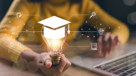 Hands showing graduation hat, Internet education course degree, E-learning graduate certificate...