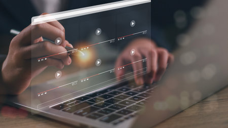 Users search for video content on internet, to watch online entertainment streaming, watch online streaming video. online learning, watching video and live, listen to music, shows, or online lessons.の写真素材