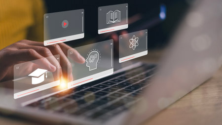 Concept of Online Education. Women use Online education training and e-learning webinar on the...