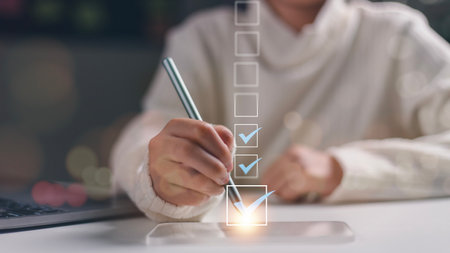 Digital Guarantee Checkmark, business checking quality assurance QA or QC management, certification...