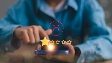 Businessmen chose a 1-star rating review in the survey on the virtual touch screen on smartphones....