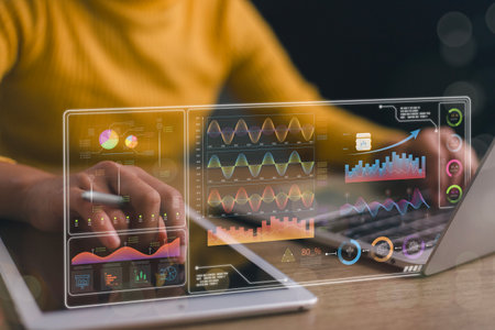 Business Intelligence concept - data analysis, management tools, intelligence, corporate strategy creation, data-driven decision making. KPIs and metrics connected to the financial database.の写真素材