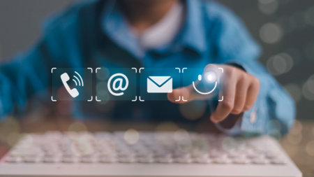 Contact us or the Customer support hotline people connect. Businessman using a laptop and touching...