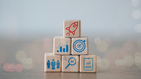 Startup business concept. wooden blocks with business start-up icons, Starting a business quickly...