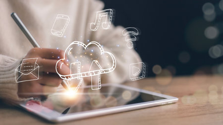 Woman with cloud computing diagram. Cloud technology. Data storage. Networking and Internet service...