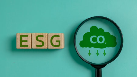 A magnified view of the letters ESG and CO2. The letters ESG are on the left side of the image, and...