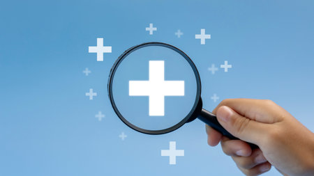 Magnifying glass with a plus icon for medical and health care concept, Access to welfare health,...