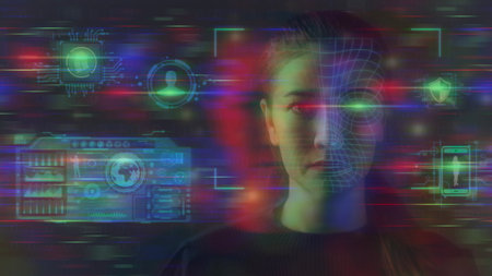 Deepfake concept matching facial movements. Face swapping or impersonation.の写真素材
