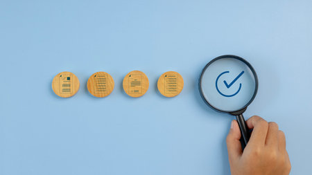 Correct checklist icons and magnifying glass for business document management and checking system,...