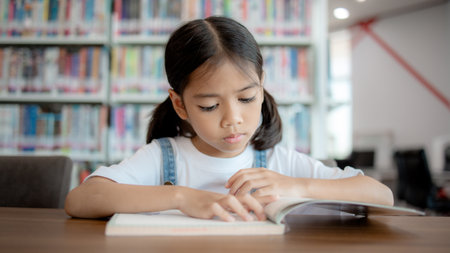 A young girl is sitting at a table in a library, reading a book. She is focused and engaged in her...