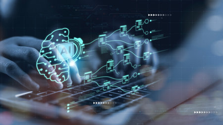 AI or Artificial intelligence concept. Businessman using computer use ai to help business and used...