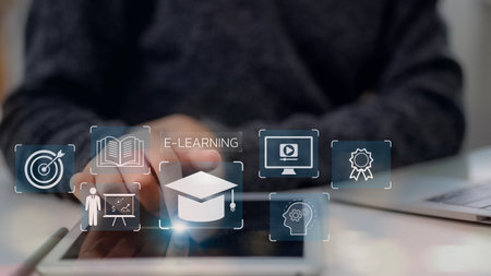 E-learning concepts. The user uses Online education training and e-learning webinars on the internet...