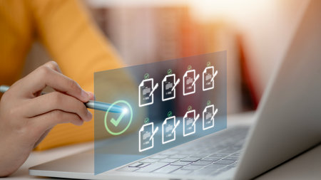 Prepare check and approve concepts. Document management, paperless. Women touching on virtual screen to tick mark documents for online approve paperless quality assurance and ERP management.の写真素材