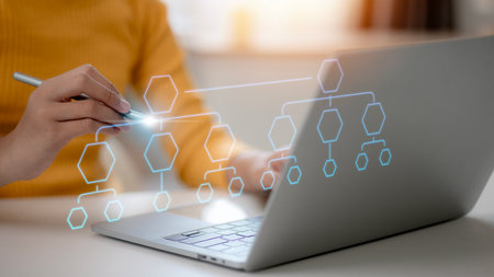 Business process flowchart, implement and improve on virtual screen, organigram, and hierarchy scheme. design workflow automation with flowcharts. model structure digital and data management.の写真素材