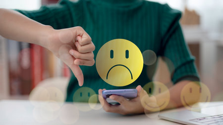 Women chose a 1-star rating review in the survey on the virtual touch screen on smartphones. A bad...