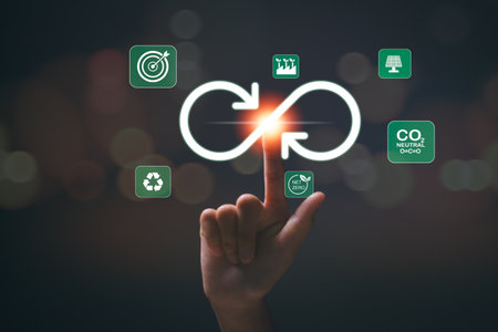 businesswoman touches circular economy icon Circular economy concept for future business growth and environmental sustainability and reduce pollution for future business and environmental growth.の写真素材