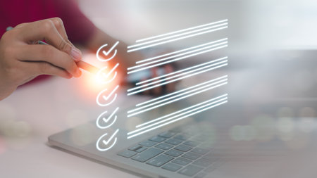 Businesswomen checking marks on the checklist. online checklist survey, filling out digital form...