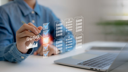 Business performance monitoring concept, businessman using smartphone Online survey filling out,...