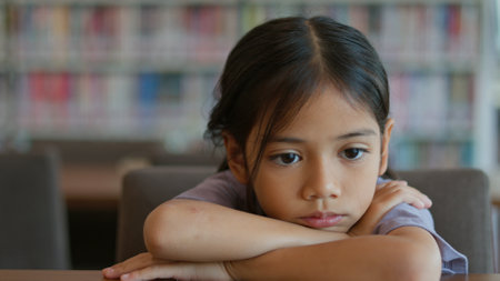 An Asian girl sits at a table in a library. She looks bored and lost in thought. Her disinterested expression shows her disinterest in the things around her.の写真素材