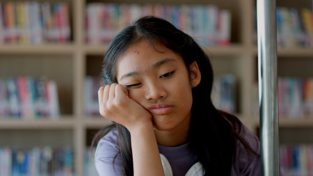 An Asian woman sits on a railing, her face full of stress, boredom, and disappointment.の写真素材