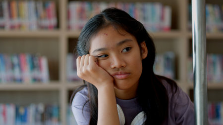 An Asian woman sits on a railing, her face full of stress, boredom, and disappointment.の写真素材