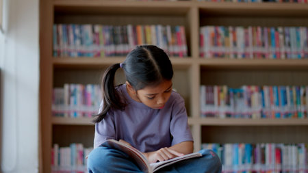 An Asian girl is reading a book in a library, looking serious as she focuses on the contents.の写真素材