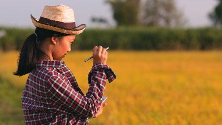Asian woman monitors the growth of rice plants, records results on a tablet, and applies smart farming concepts.の写真素材