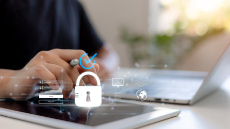 Cyber security and data protection on internet. Person touching virtual shield, secure access,...