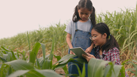 Two Asian siblings holding tablets observing and studying corn growth while inspecting plants on farm. Smart farming concept.の写真素材
