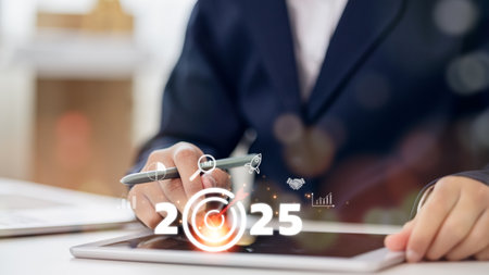 business goals trend 2025. analytical businessperson planning business growth 2025, strategy digital marketing, profit income, economy, stock market trends and business, technical analysis strategyの写真素材
